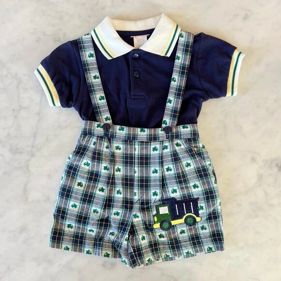 Vintage Y2K Baby Boy Truck Appliqué Plaid Overalls and Polo Outfit / 12 Months - Picture 1 of 9